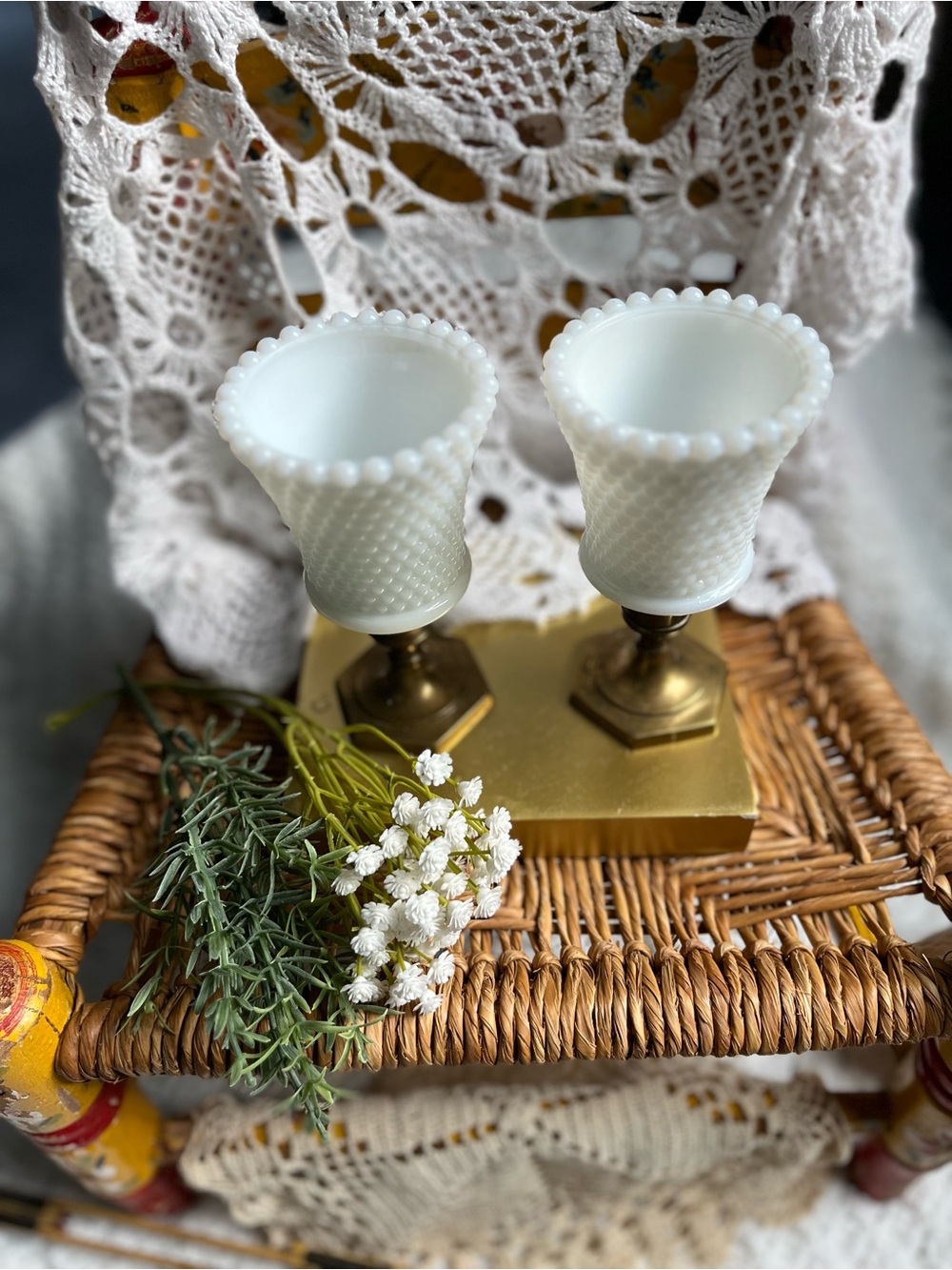 Vitg Homco Milk Glass Hobnail Peg Votive Candle Holder Cups Pair with Vtg brass